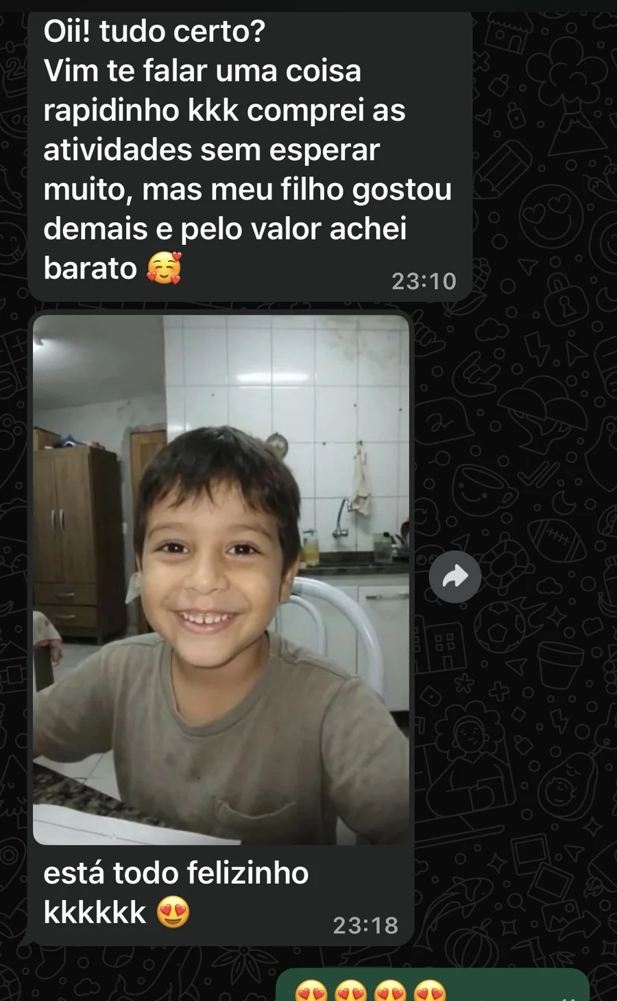 Print do WhatsApp: mãe diz que comprou as atividades, o filho gostou demais e achou barato pelo valor