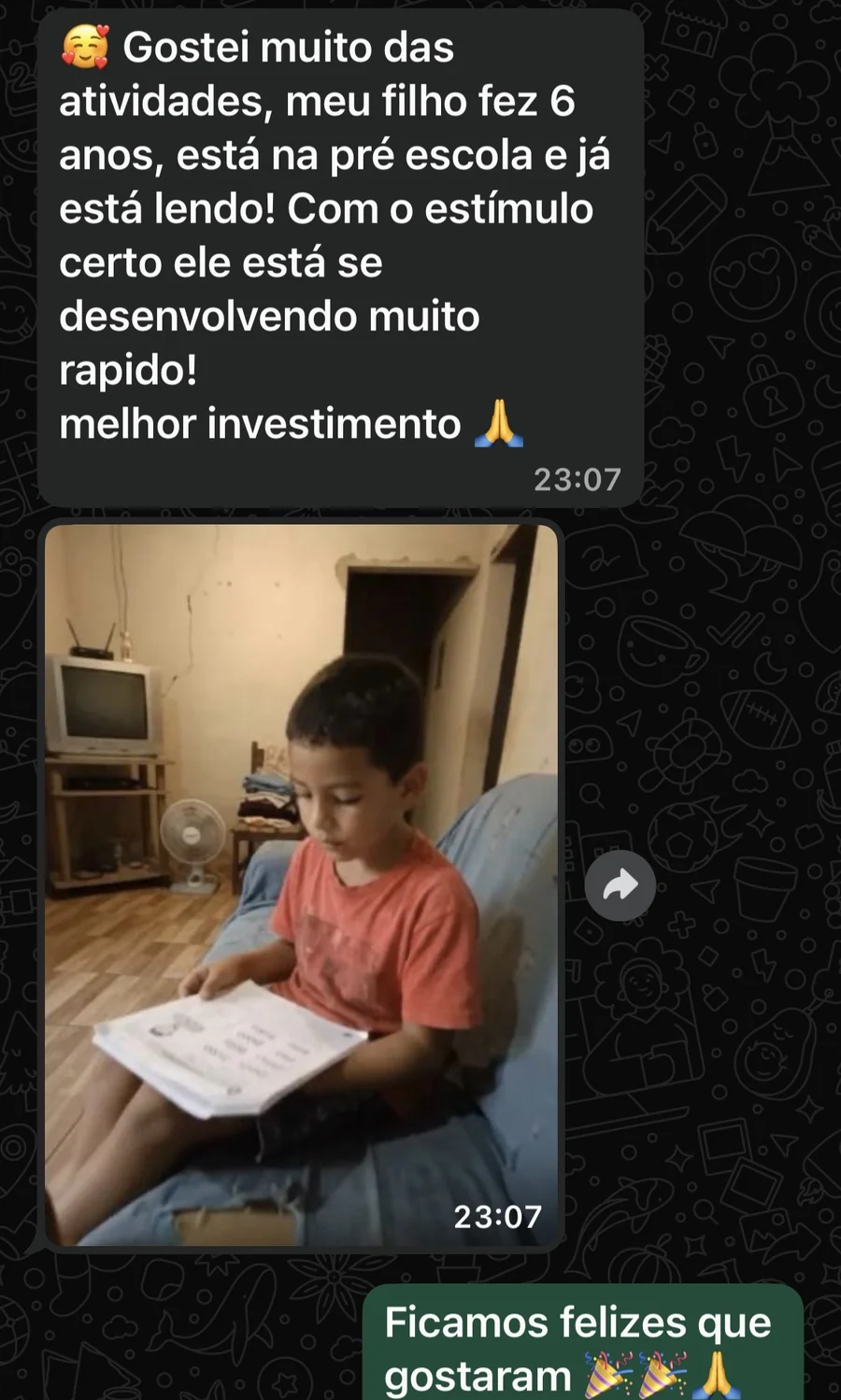 Print do WhatsApp: mãe relata que filho de 6 anos já está lendo e se desenvolvendo rápido