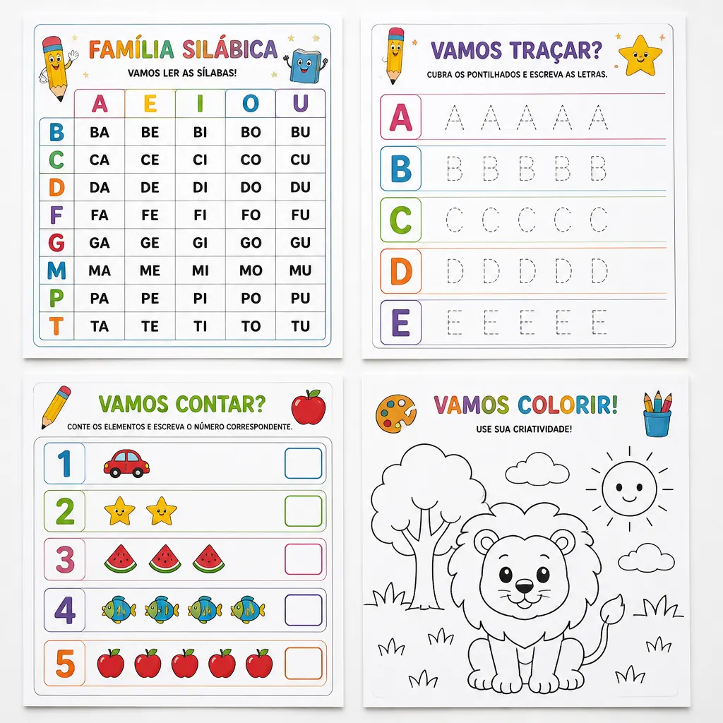 Amostras de atividades: silabário, traçado de letras, contagem e desenho para colorir