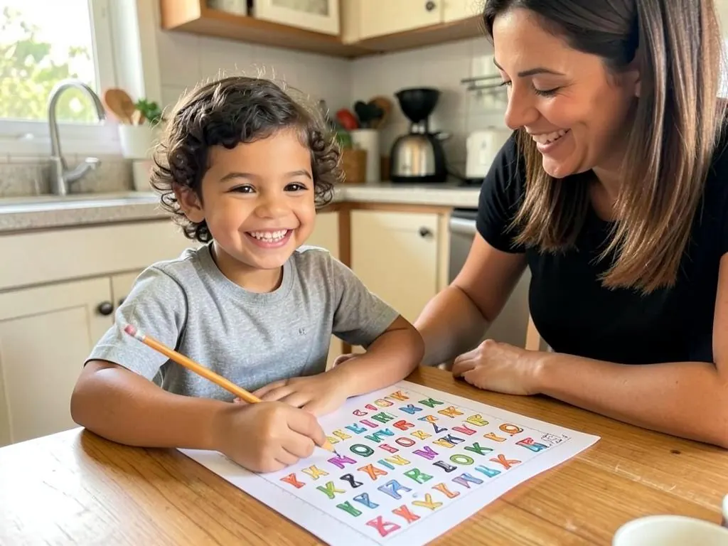 Criança fazendo uma atividade de alfabetização com a mãe
