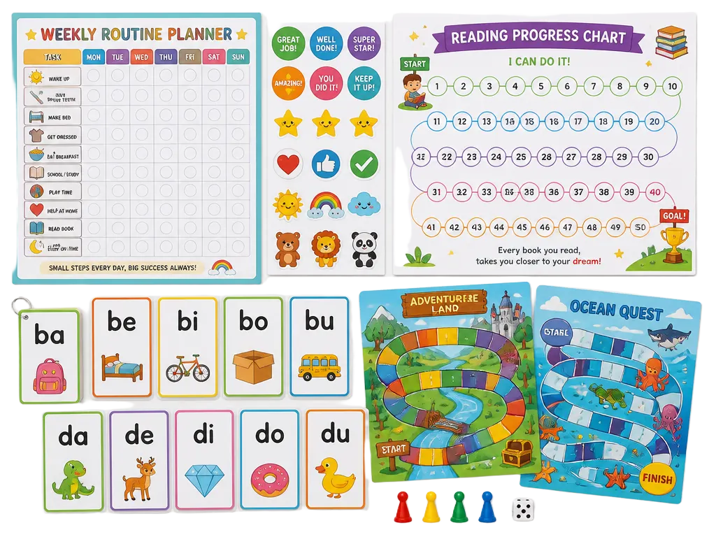 Planner de rotina, gráfico de evolução da leitura, cartelas de sílabas e jogos de tabuleiro